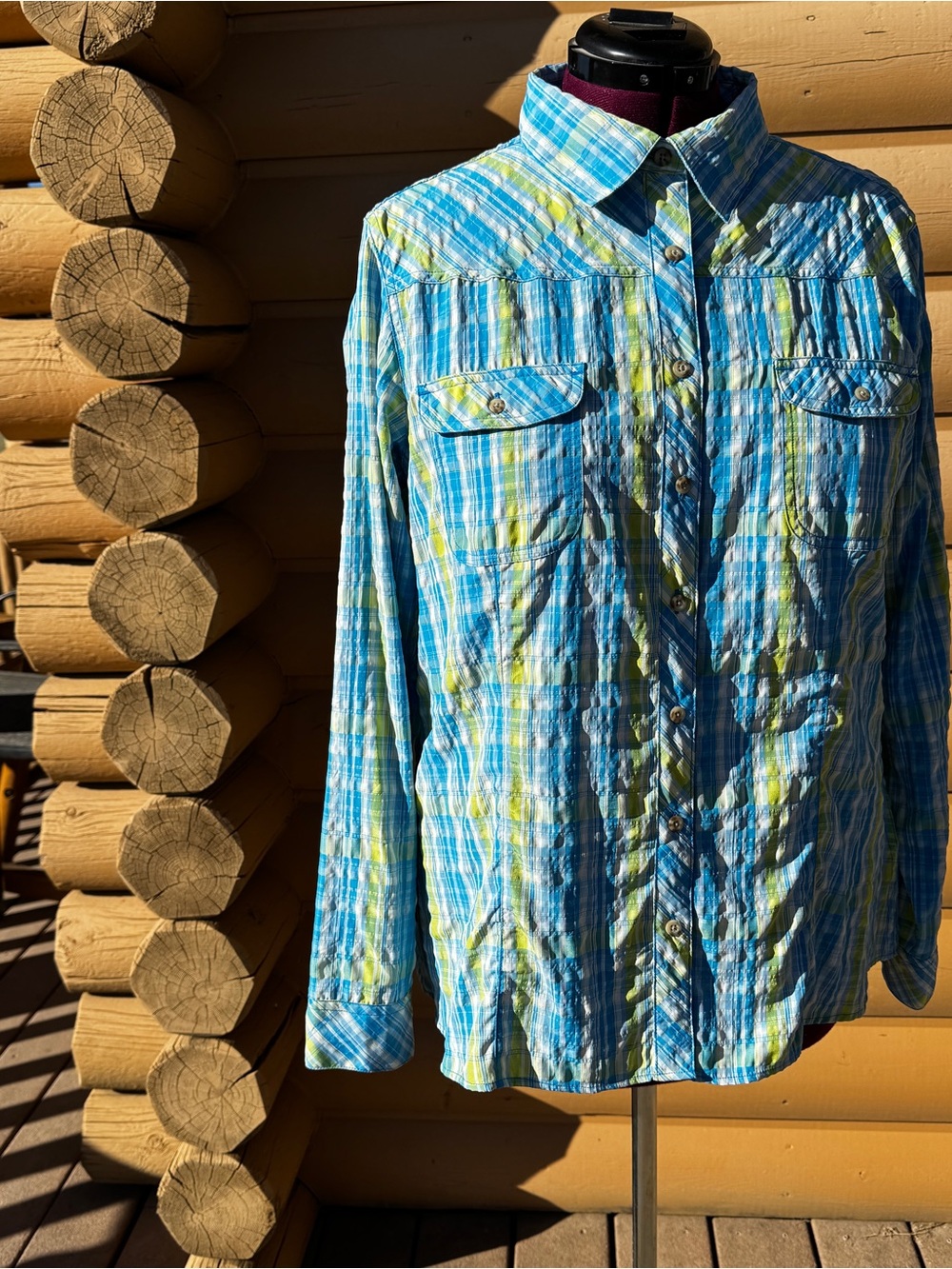 Cabela's Blue Plaid Button-Down Shirt with Yellow Accents
